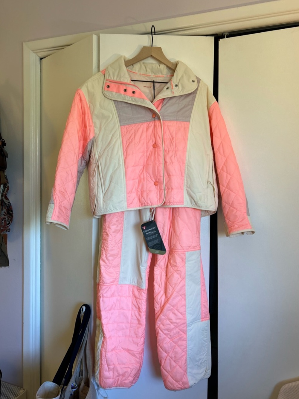 Free People Quilted Two-Piece Ski Suit in Pink and Cream